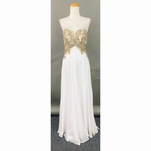 STRAPLESS Gold Embroidered White Dress Small